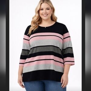 1X Laura Plus Black and Pink Grey Lurex Striped 3/4 Length Top Sweater